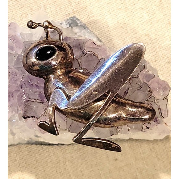 Vintage 925 3D Cricket Grasshopper Brooch Black Onyx Pin Artist Signed Mexico - Picture 1 of 11